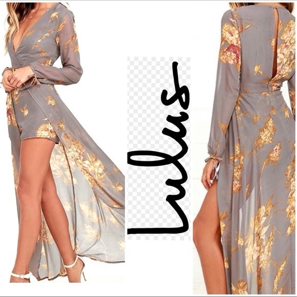 Flowy gray long train shorts v cut front body suit - Picture 2 of 10